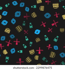Set line Barbecue grill with steak, Ketchup bottle, Burger and Crossed knife and spatula on seamless pattern. Vector
