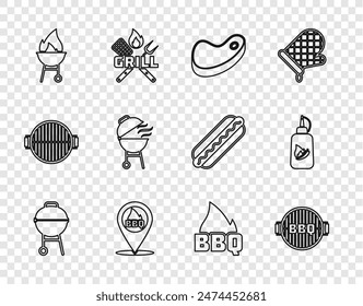 Set line Barbecue grill, Steak meat, Location with barbecue, fire flame and Ketchup bottle icon. Vector