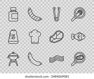 Juego de línea Barbacoa a la parrilla, Carne de carne en sartén, Pinzas de carne, Salchicha, Botella de salsa, Sombrero de chef, Banda de tocino e Icono de pescado. Vector