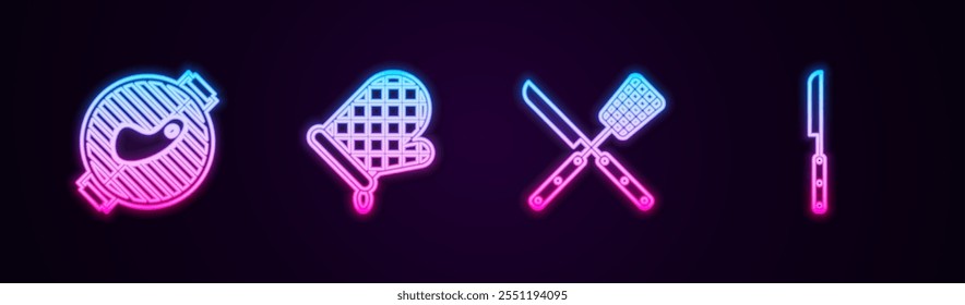 Set line Barbecue grill with steak, Oven glove, Crossed knife and spatula and . Glowing neon icon. Vector