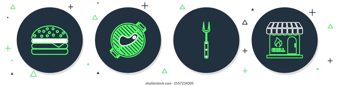 Set line Barbecue grill with steak, fork, Burger and shopping building icon. Vector