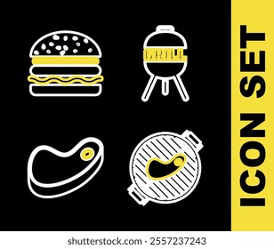 Set line Barbecue grill, with steak, Steak meat and Burger icon. Vector