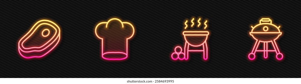 Set line Barbecue grill, Steak meat, Chef hat and . Glowing neon icon. Vector