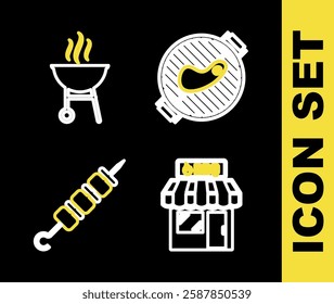 Set line Barbecue grill with steak, shopping building, Grilled shish kebab and  icon. Vector