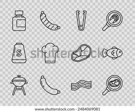 Set line Barbecue grill, Steak meat in frying pan, Meat tongs, Sausage, Sauce bottle, Chef hat, Bacon stripe and Fish icon. Vector