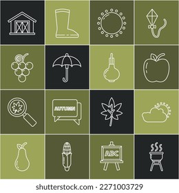 Fijar línea Parrilla barbacoa, clima sol y nube, Apple, paraguas, fruta de uva, granja y icono de cebolla. Vector