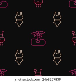 Set line Barbecue grill, Swimsuit and Tropical palm tree on seamless pattern. Vector