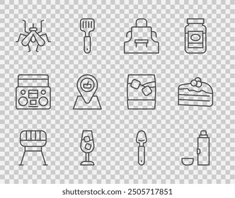 Set line Barbecue grill, Thermos container, Kitchen apron, Wine glass, Mosquito, Picnic location, Spoon and Piece of cake icon. Vector