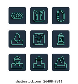 Set line Barbecue grill, Trash can, Mountains, Carabiner, Mushroom, Tree, Blanket roll and Camping lantern icon. Vector