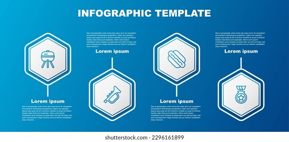 Set line Barbecue grill, Trumpet, Hotdog sandwich and Medal with star. Business infographic template. Vector