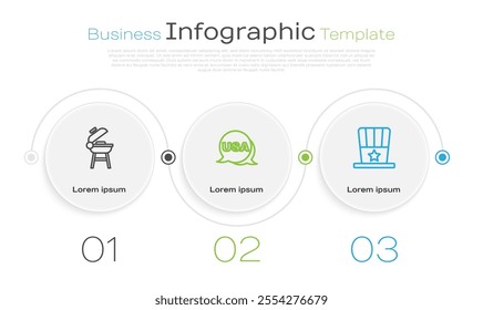 Set line Barbecue grill, USA Independence day and Patriotic American top hat. Business infographic template. Vector