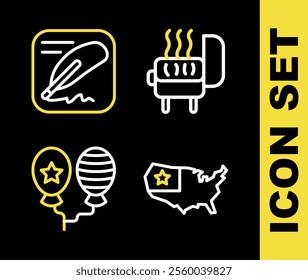 Set line Barbecue grill, USA map, Balloons and Declaration of independence icon. Vector