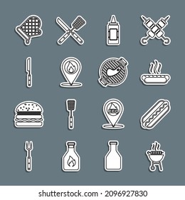 Set line Barbecue grilled shish kebab, Hotdog sandwich, Mustard bottle, Location with fire flame, knife, Oven glove and steak icon. Vector