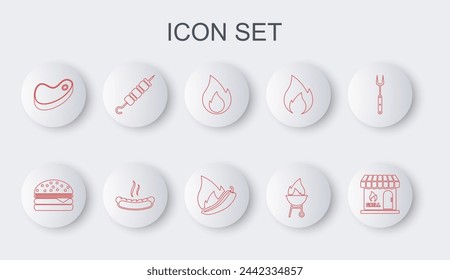 Set line Barbecue shopping building, Burger, Fire flame, grill, Steak meat, Grilled shish kebab, Hotdog sandwich and chili pepper pod icon. Vector