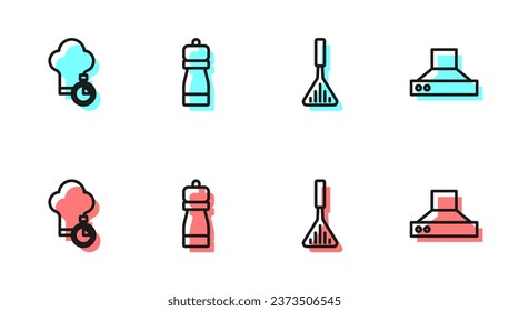 Fijar línea Espatula barbacoa, sombrero de chef, ícono de extractor de Pepper y Cocina. Vector