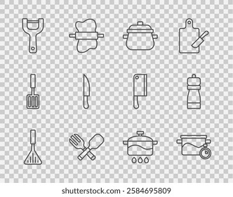 Set line Barbecue spatula, Cooking pot, Crossed fork and spoon, Vegetable peeler, Knife,  and Pepper icon. Vector