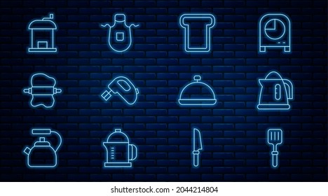 Set line Barbecue spatula, Electric kettle, Bread toast, mixer, Rolling pin on dough, Manual coffee grinder, Covered with tray food and Kitchen apron icon. Vector