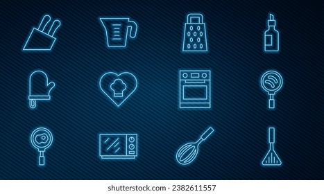 Set line Barbecue spatula, Frying pan, Grater, Chef hat, Oven glove, Knife,  and Measuring cup icon. Vector