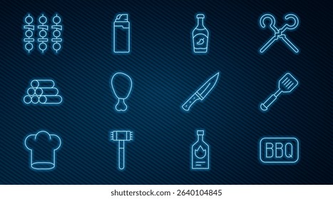 Set line Barbecue, Spatula, Ketchup bottle, Chicken leg, Wooden logs, Grilled shish kebab, Meat chopper and Lighter icon. Vector