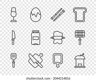 Set line Barbecue spatula, Manual coffee grinder, Food chopsticks, Cutting board and knife, Wine glass, Jam jar,  and steel grid icon. Vector