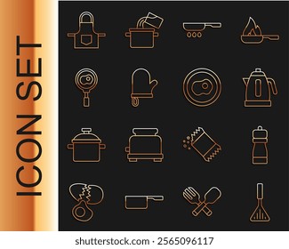 Set line Barbecue spatula, Pepper, Electric kettle, Frying pan, Oven glove, Fried eggs on frying, Kitchen apron and Scrambled icon. Vector