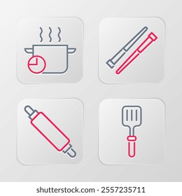 Set line Barbecue spatula, Rolling pin, Food chopsticks and Cooking pot icon. Vector