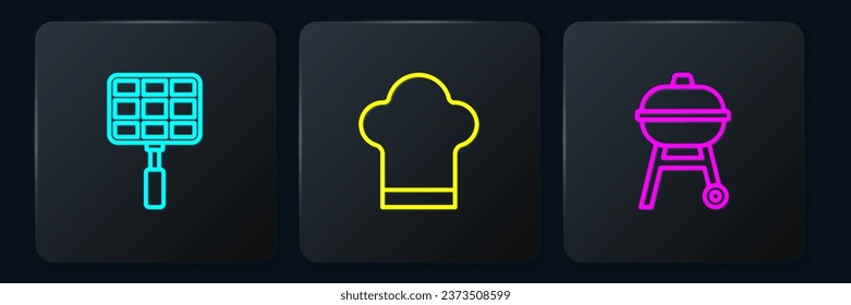 Set line Barbecue steel grid, grill and Chef hat. Black square button. Vector