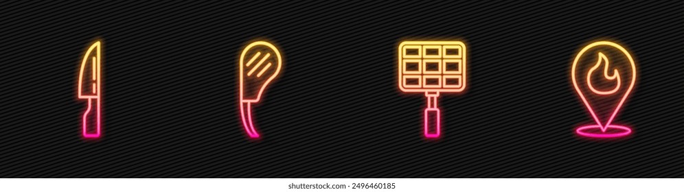 Set line Barbecue steel grid, knife, Rib eye steak and Location with fire flame. Glowing neon icon. Vector