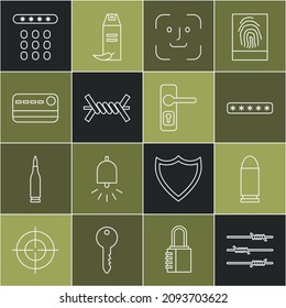 Set line Barbed wire, Bullet, Password protection, Face recognition, Credit card,  and Door handle icon. Vector