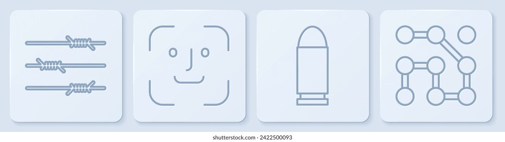 Set line Barbed wire, Bullet, Face recognition and Graphic password protection. White square button. Vector