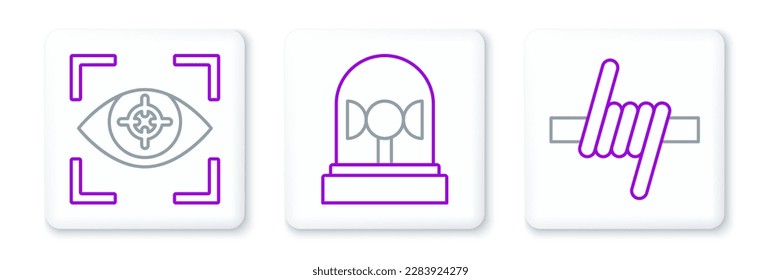 Set line Barbed wire, Eye scan and Flasher siren icon. Vector