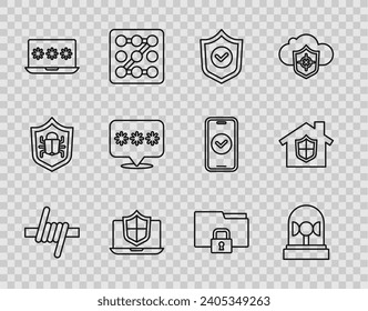 Set line Barbed wire, Flasher siren, Shield with check mark, Laptop protected shield, password, Password protection, Folder and lock and House under icon. Vector