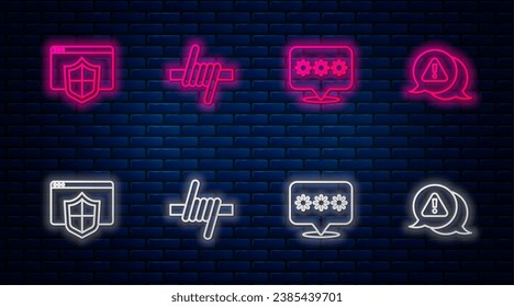 Stacheldraht, Passwortschutz, Browser mit Schild und Ausrufezeichen im Dreieck. Leuchtendes Neonsymbol an der Ziegelwand. Vektorgrafik
