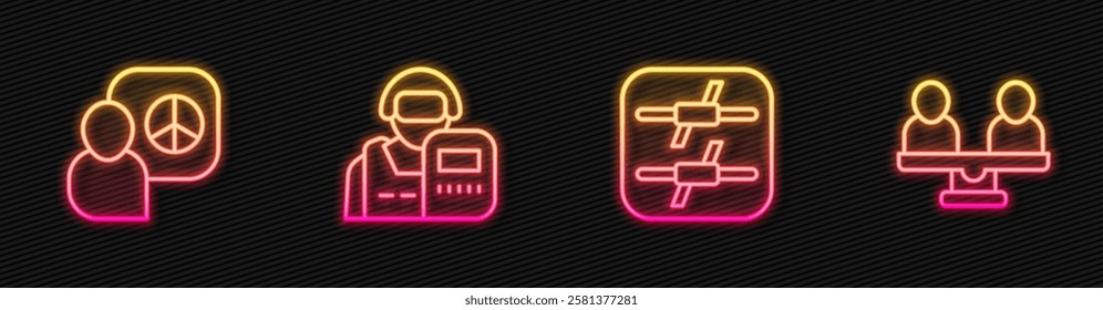 Set line Barbed wire, Peace talks, Police officer and Gender equality. Glowing neon icon. Vector