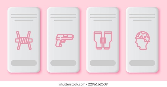 Fijar la línea alambre de púas, Pistol o pistola, Binoculares y soldado del ejército. Botón rectángulo blanco. Vector