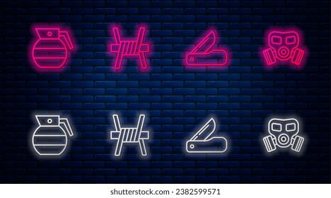 Fijar la línea alambre de púas, cuchillo del ejército suizo, granada de mano y máscara de gas. Icono de neón brillante en la pared de ladrillo. Vector