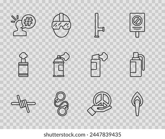 Set line Stacheldraht, Fackelflamme, Polizei-Gummistab, Handschellen, Protest, Farbsprühdose, Frieden und Granaten-Symbol. Vektorgrafik