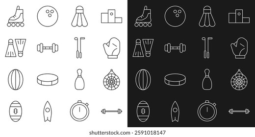 Set line Barbell, Classic dart board, Baseball glove, Badminton shuttlecock, Dumbbell, Rubber flippers for swimming, Roller skate and Golf club icon. Vector