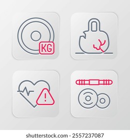 Set line Barbell, Heart rate, Broken weight and Weight plate icon. Vector