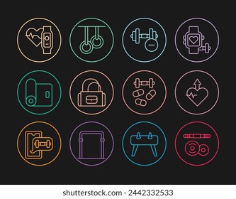 Set line Barbell, Heartbeat increase, Dumbbell, Sport bag, Fitness mat roll, Smart watch with heart, Sports doping dumbbell and Gymnastic rings icon. Vector