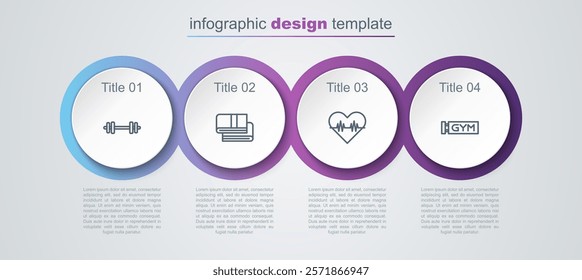 Set line Barbell, Towel stack, Heart rate and Location gym. Business infographic template. Vector