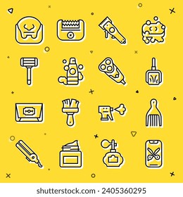 Set line Barber online service or platform, Barrette, Dustpan, Electrical hair clipper, Bottle of shampoo, Shaving razor, Mustache and beard and blade icon. Vector