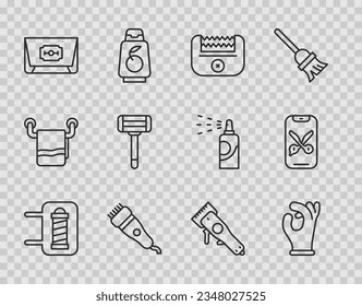 Set line Barber shop pole, Medical rubber gloves, Electrical hair clipper, Blade razor, Shaving,  and online service platform icon. Vector