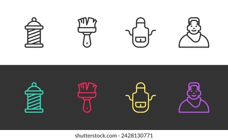 Set line Barber shop pole, Shaving brush, apron and Client barbershop on black and white. Vector