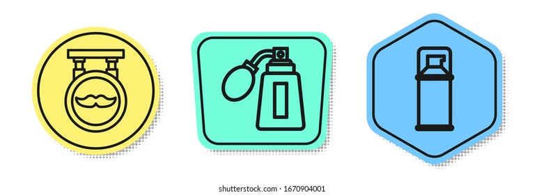 Set line Barbershop, Aftershave bottle with atomizer and Shaving gel foam. Colored shapes. Vector