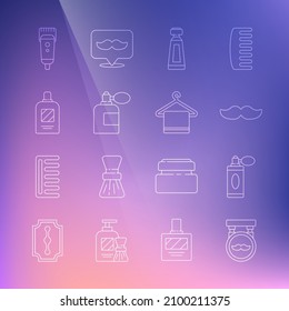 Set line Barbershop, Aftershave bottle with atomizer, Mustache, Cream or lotion cosmetic tube, Bottle of shampoo, Electrical hair clipper shaver and Towel hanger icon. Vector