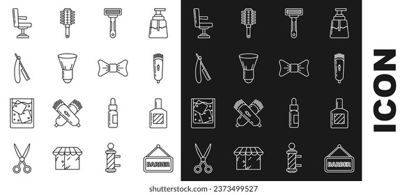 Set line Barbershop, Aftershave, Electrical hair clipper or shaver, Shaving razor, brush, Straight, chair and Bow tie icon. Vector