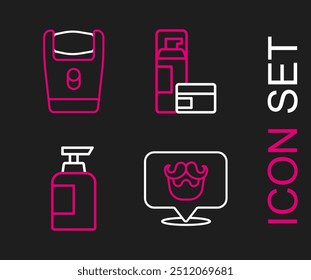 Set line Barbershop, Bottle of shampoo, Shaving gel foam and Electric razor blade icon. Vector