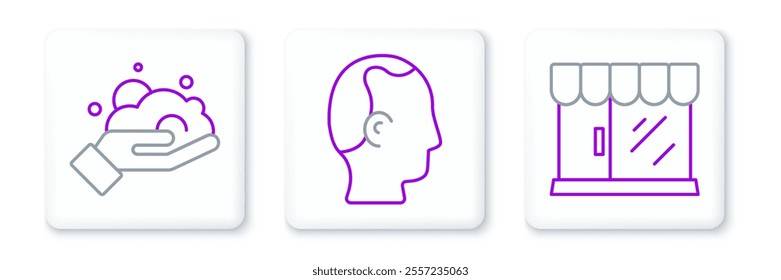 Set line Barbershop building, Shaving foam on hand and Baldness icon. Vector