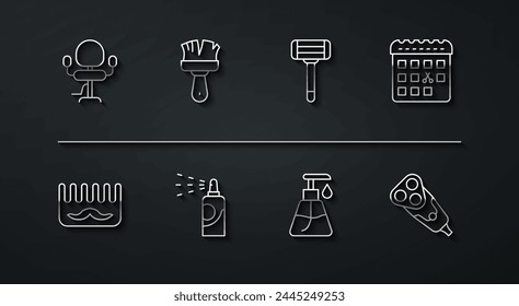 Set line Barbershop chair, Hairbrush, Calendar with haircut day, Cream cosmetic tube, Spray can for hairspray, Shaving, Electric razor blade and  icon. Vector